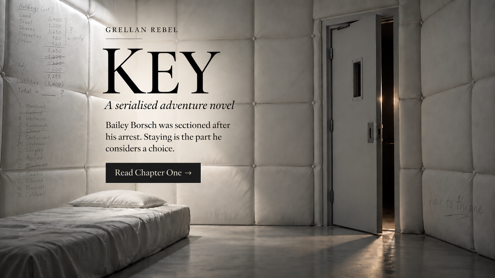Padded psychiatric cell with faint accounts and names written on the walls, an ajar door, and Key serialised adventure artwork.